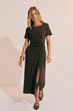 Robe longue manches courtes en coton avec fente;${refinementColor}