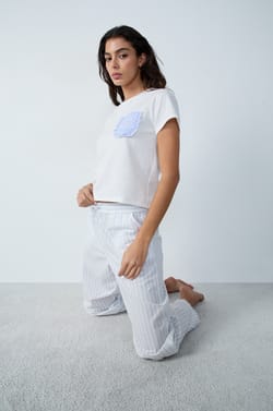 Cotton Pyjama Trousers Straight Cut with Stripes;${refinementColor}