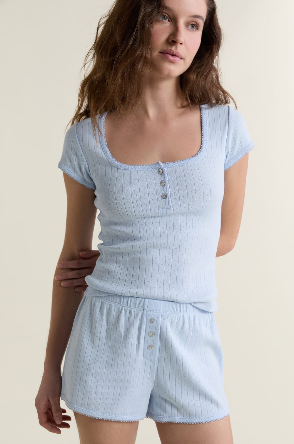 T-shirt de pyjama manches courtes en pointelle;${refinementColor}