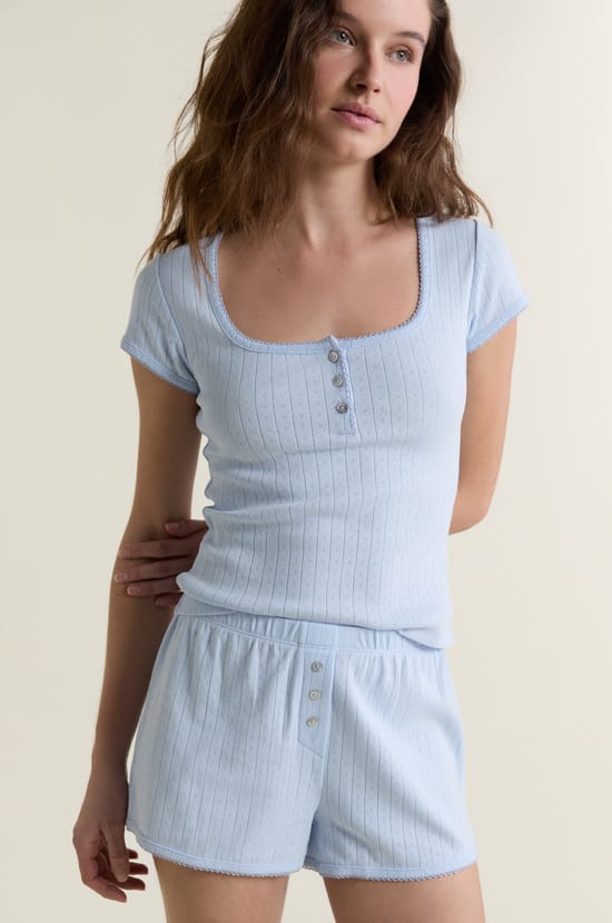 T-shirt de pyjama manches courtes en pointelle;${refinementColor}
