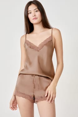 Silk pyjama shorts with lace details;${refinementColor}