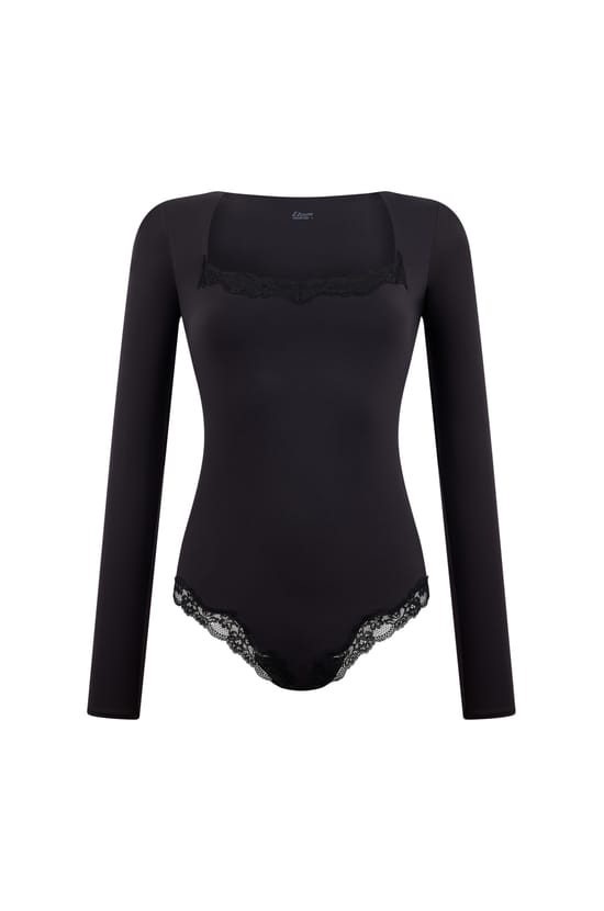 Long-sleeved bodysuit in microfibre and lace;${refinementColor}