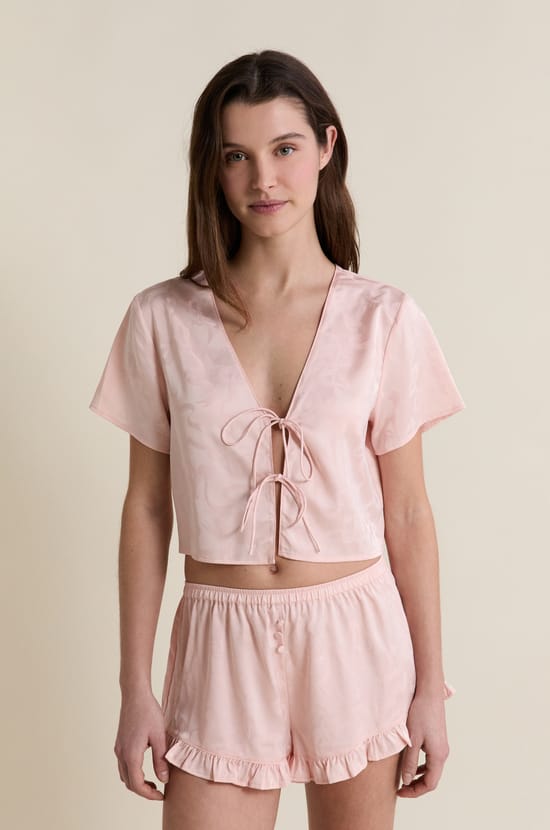 Satin Pajama Shirt With Bows;${refinementColor}