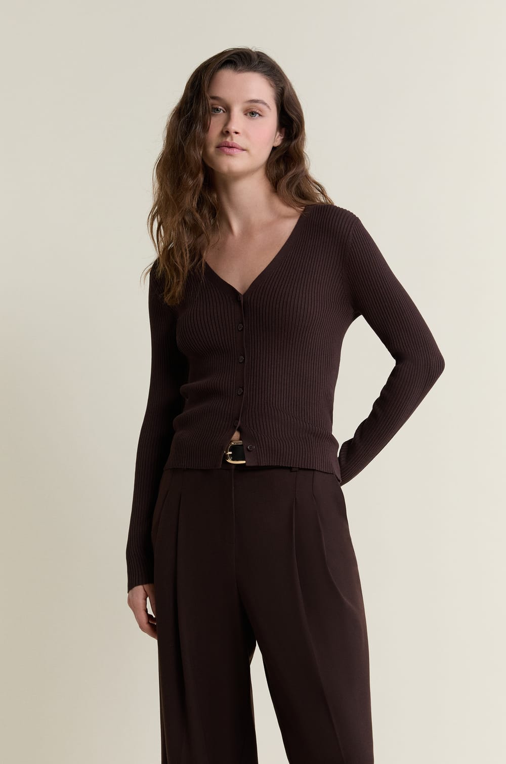 Pull cardigan manches longues en maille c&ocirc;tel&eacute;e;${refinementColor}