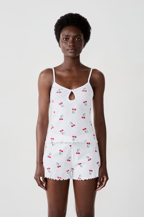 Cotton tank top with cherry print pointelle;${refinementColor}