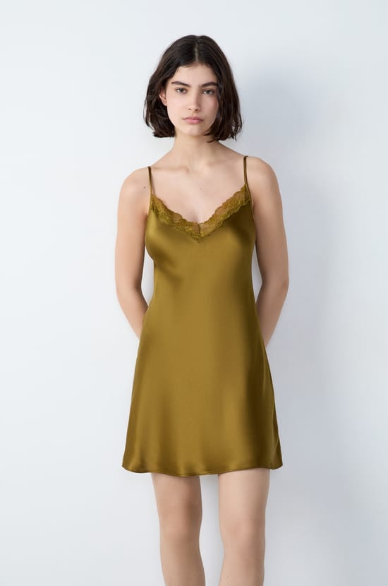Silk Nightdress with Lace Neckline;${refinementColor}