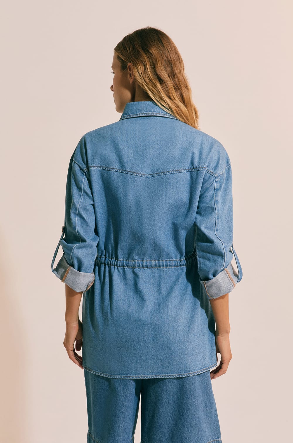 Mid-length denim-effect cotton jacket;${refinementColor}