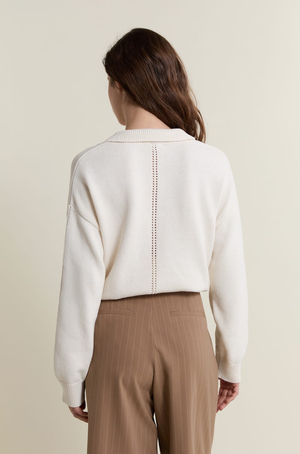 V-neck Long-Sleeved Polo Shirt with Cotton;${refinementColor}