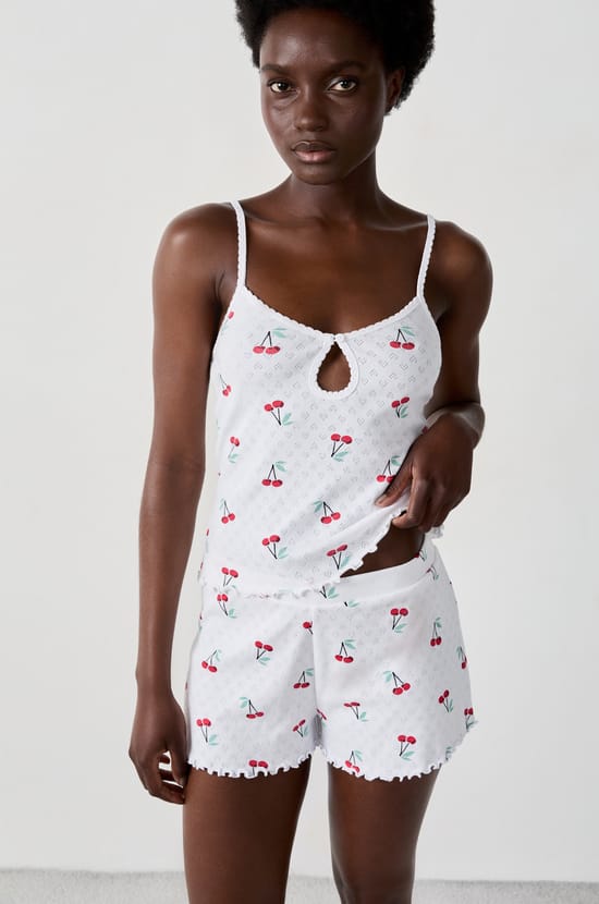 Cherry print pointelle cotton shorts;${refinementColor}