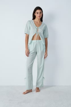 Cotton Straight-Cut Checkered Pyjama Trousers with Bow Details;${refinementColor}