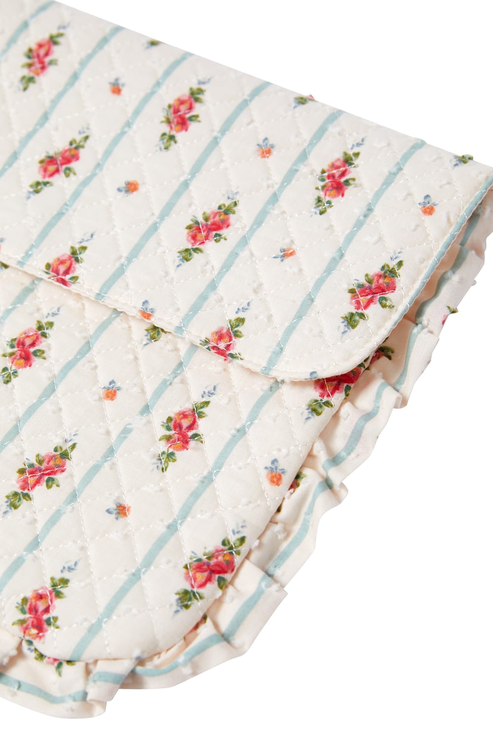 Trousse matelass&eacute;e en coton &agrave; motifs fleurs avec bords froufrou;${refinementColor}