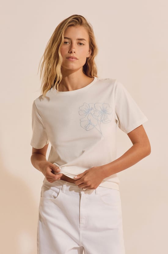 Cotton T-shirt with flower motif;${refinementColor}