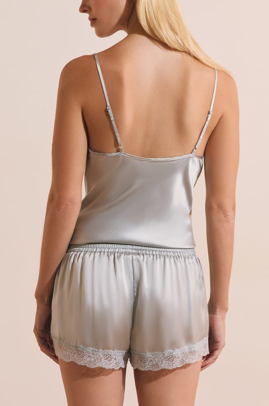 Silk pyjama shorts with lace details;${refinementColor}