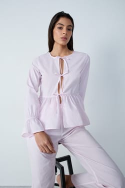 Long-sleeved cotton pyjama shirt with striped bow detail;${refinementColor}