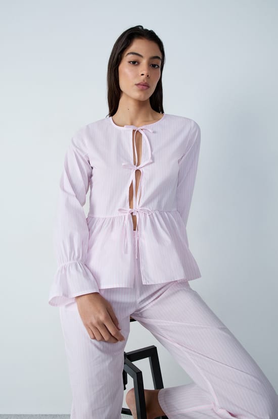 Long-sleeved cotton pyjama shirt with striped bow detail;${refinementColor}