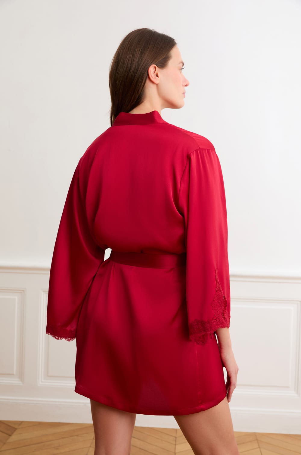 Satin Dressing Gown With Lace Details;${refinementColor}