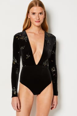 Embroidered Velvet Bodysuit;${refinementColor}