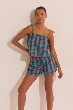 Caraco de pyjama &agrave; carreaux en coton;${refinementColor}