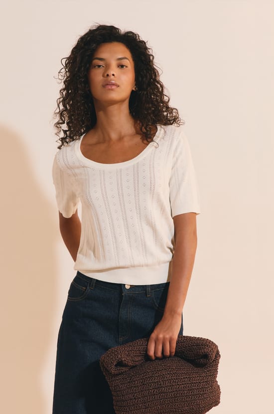 T-shirt manches courtes effet pointelle;${refinementColor}