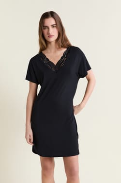 Modal nightshirt with lace neckline;${refinementColor}
