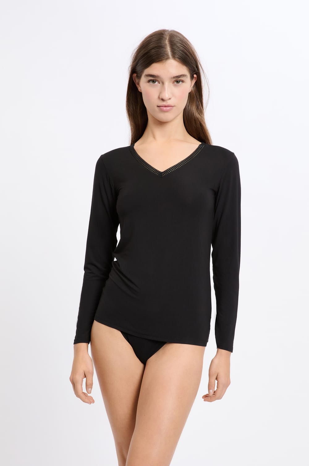 V-neck thermal knit T-shirt;${refinementColor}