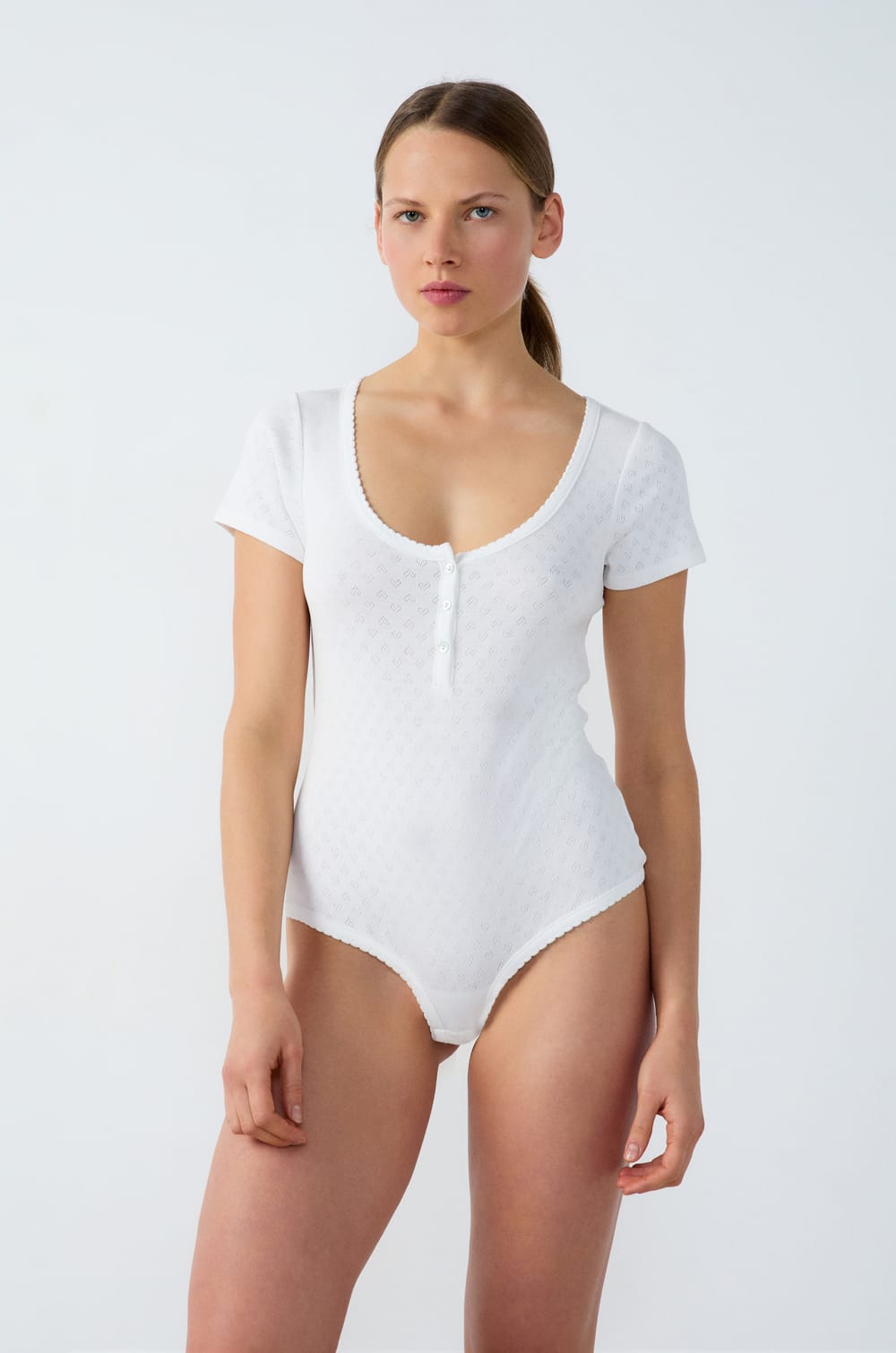 Body en coton en pointelle manches courtes;${refinementColor}