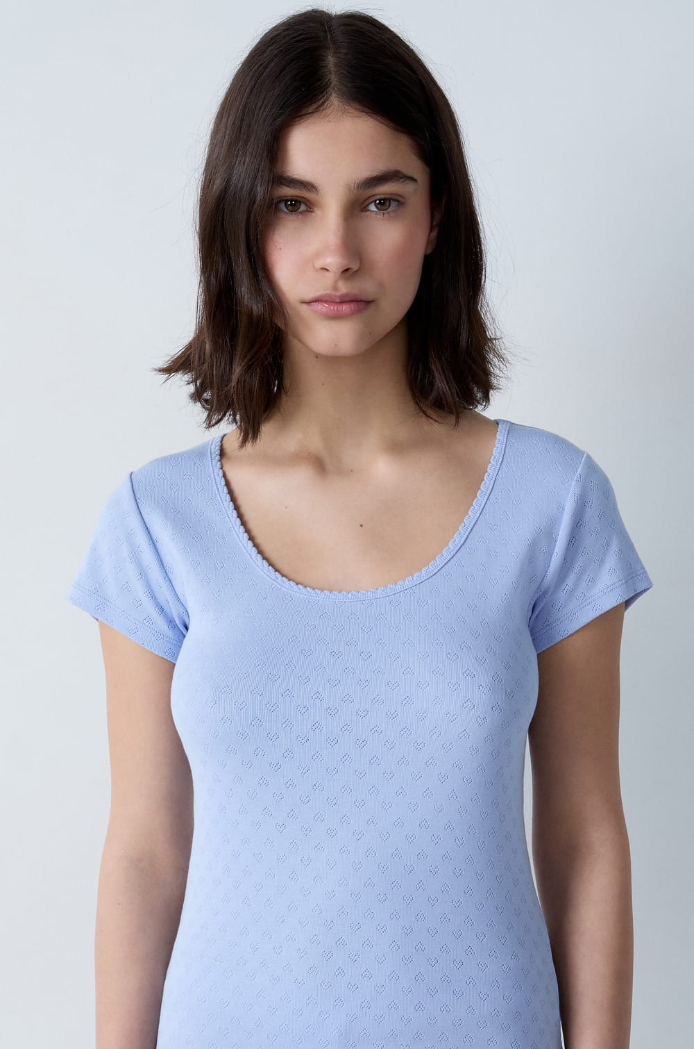 T-shirt de pyjama manches courtes en coton en pointelle;${refinementColor}