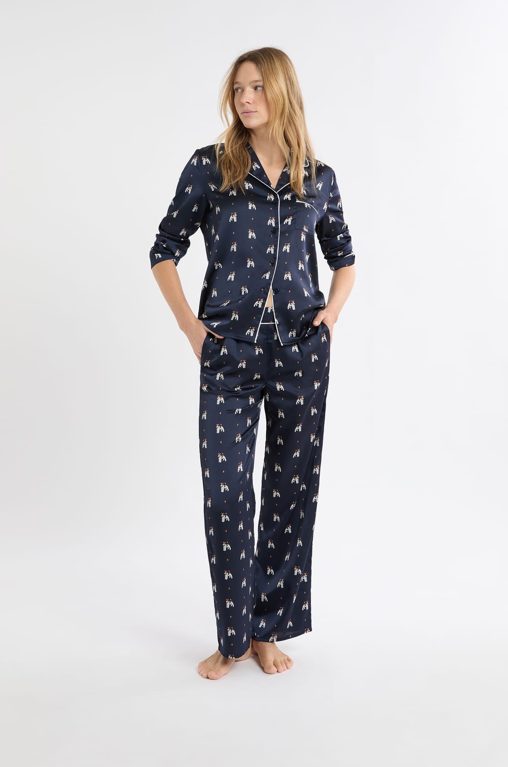 Satin Pyjama Trousers with Dog Print;${refinementColor}