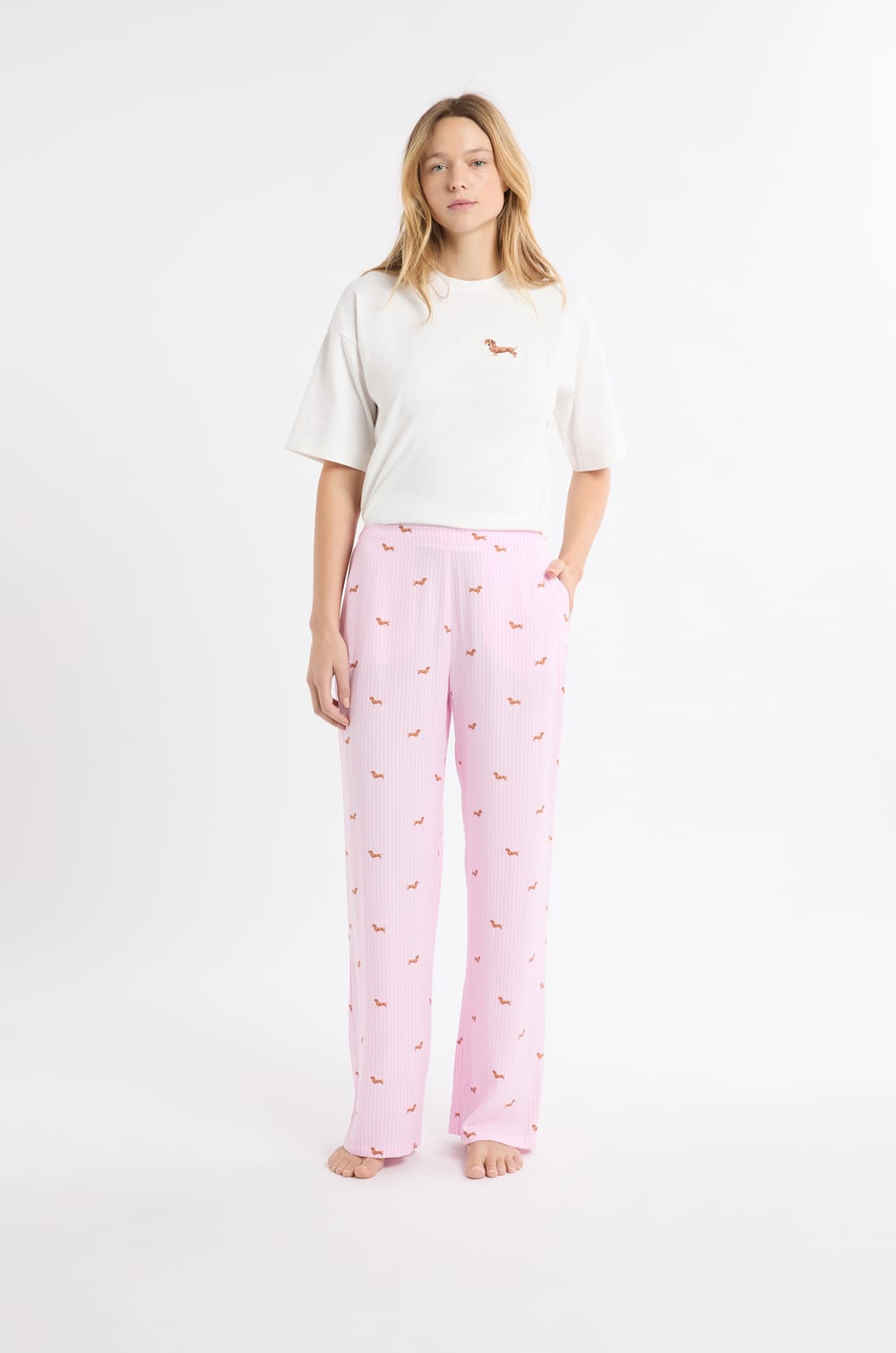 Pyjama Trousers with Striped Dachshund Print;${refinementColor}