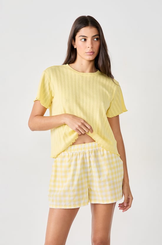 Cotton pyjama shorts with checks;${refinementColor}