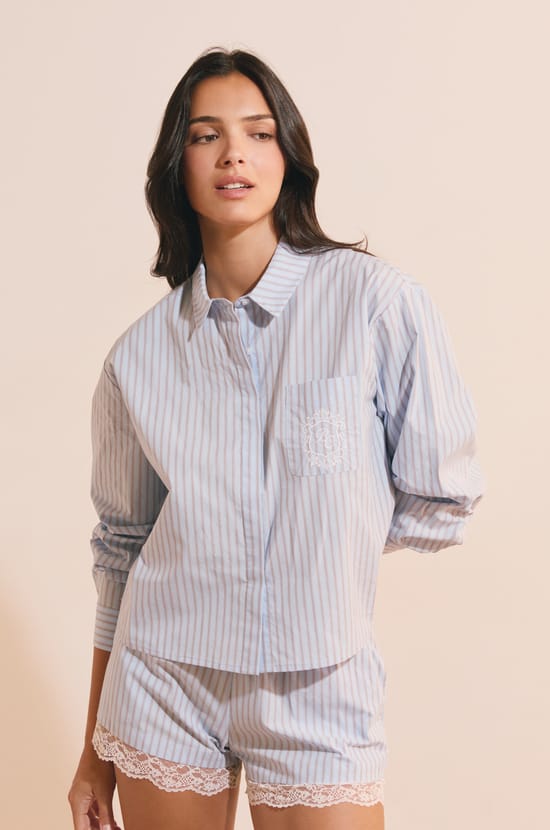 Chemise de pyjama &agrave; rayures en coton;${refinementColor}