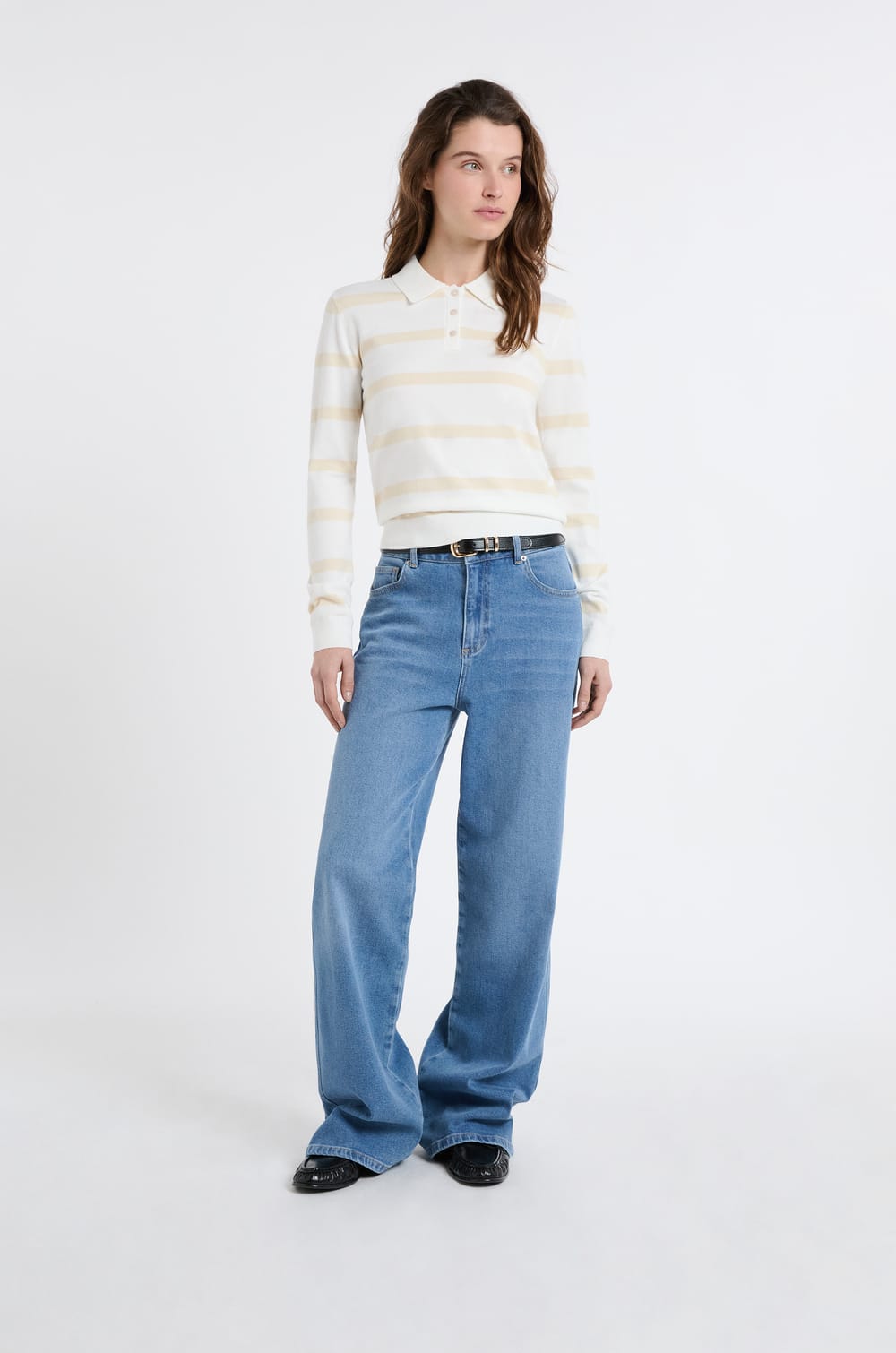 Pull col polo &agrave; manches longues &agrave; rayures;${refinementColor}