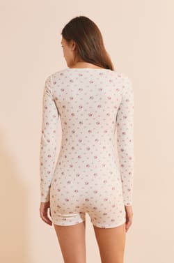 Combishort &agrave; manches longues avec motif fleuri;${refinementColor}