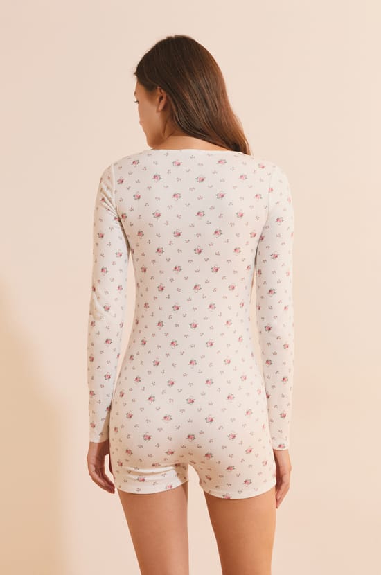 Combishort &agrave; manches longues avec motif fleuri;${refinementColor}