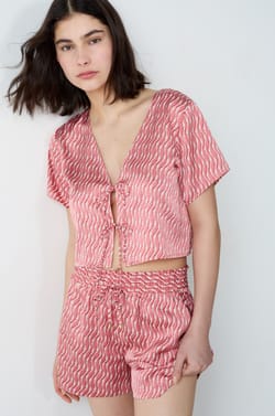 Printed satin top with ties;${refinementColor}