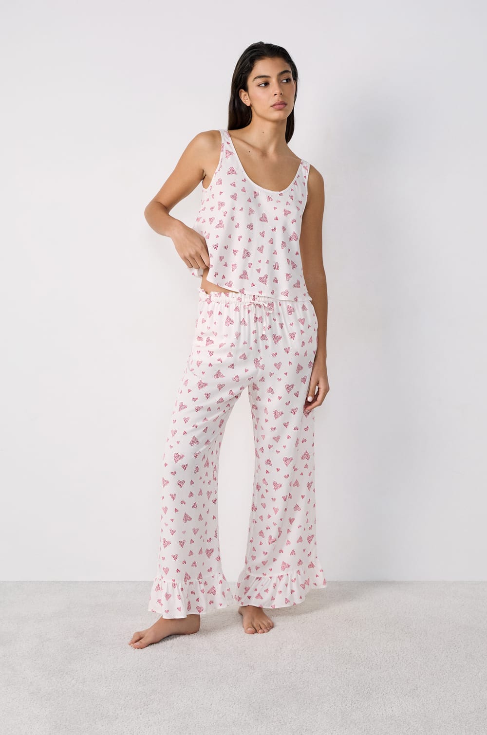 Flared Cropped Trousers Heart Print;${refinementColor}