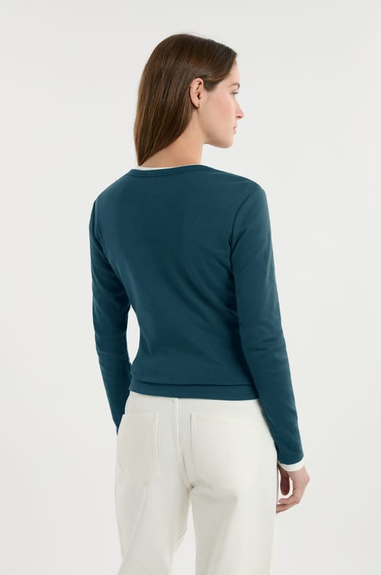 T-shirt boutonn&eacute; &agrave; manches longues en coton;${refinementColor}