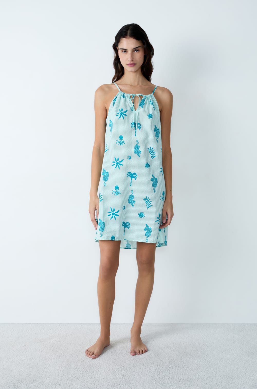 Short Printed Cotton Nightdress With Thin Straps;${refinementColor}