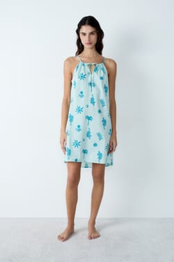 Short Printed Cotton Nightdress With Thin Straps;${refinementColor}