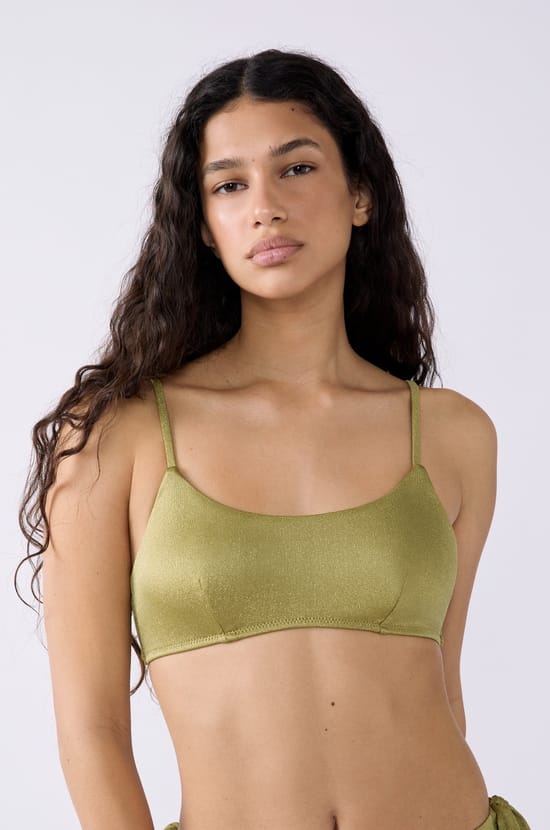 Glittery tie-front bikini top;${refinementColor}