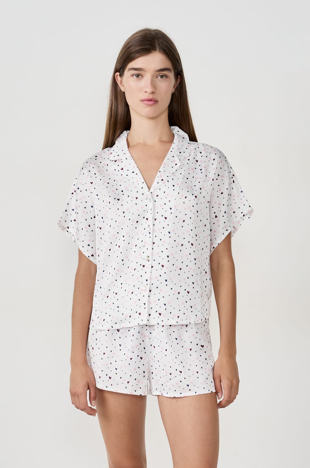 Satin pyjama shirt with heart print;${refinementColor}