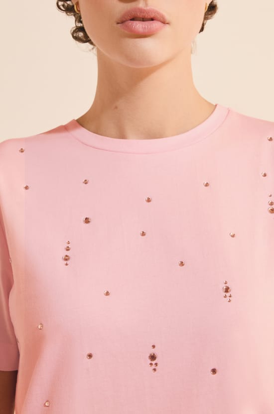 T-shirt &agrave; manches courtes en coton avec strass;${refinementColor}