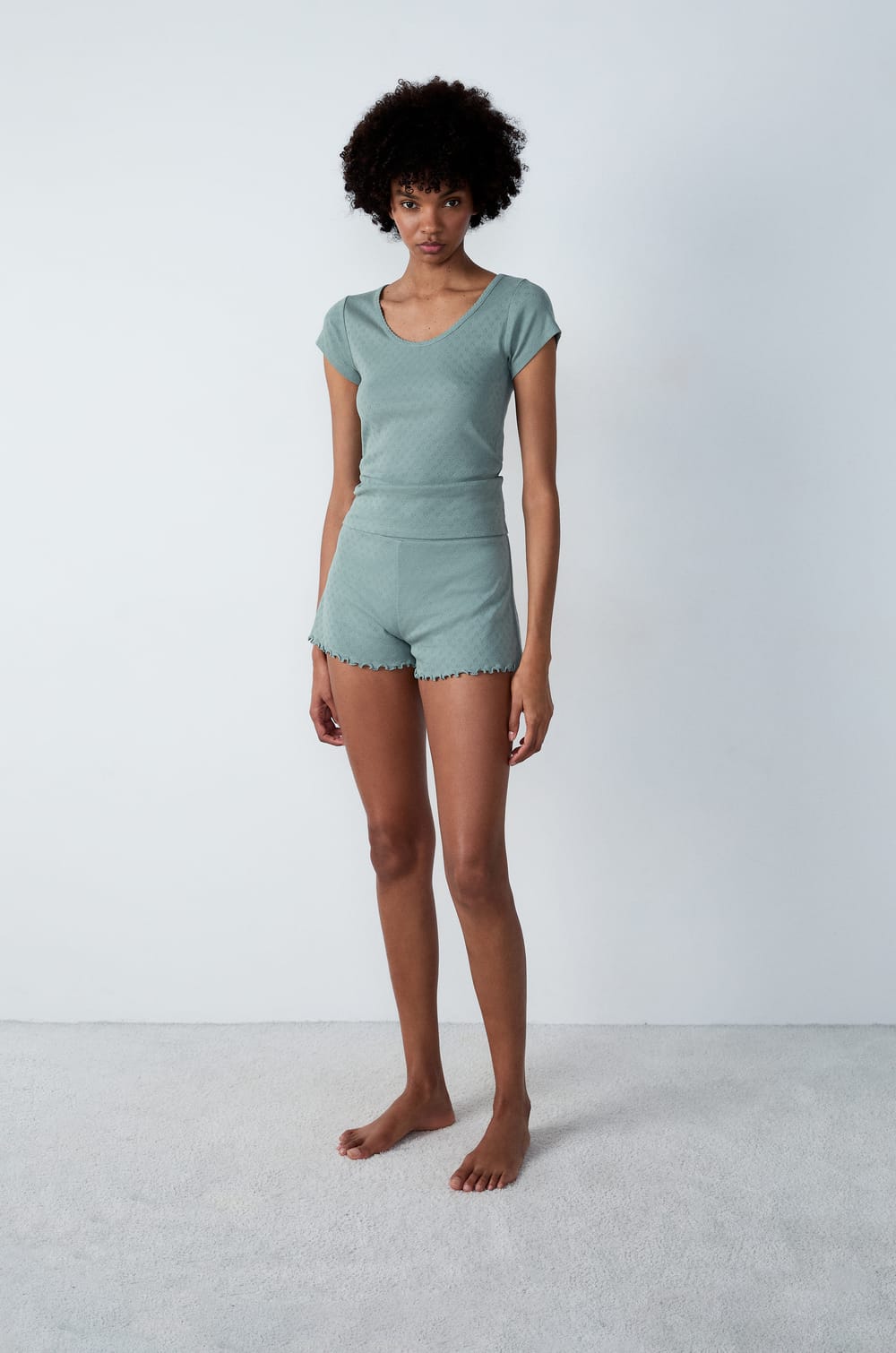 Short-sleeved cotton T-shirt in pointelle;${refinementColor}