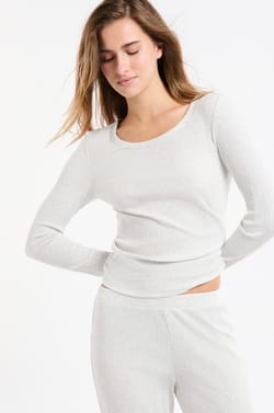 T-shirt de pyjama manches longues côtelé en coton;${refinementColor}