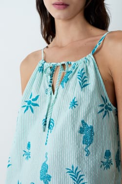 Short Printed Cotton Nightdress With Thin Straps;${refinementColor}