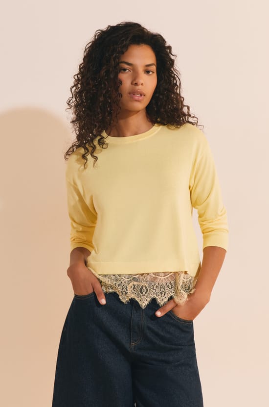 Pull avec coton et d&eacute;tails dentelle;${refinementColor}