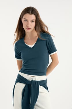 V-neck T-shirt with cotton modal;${refinementColor}