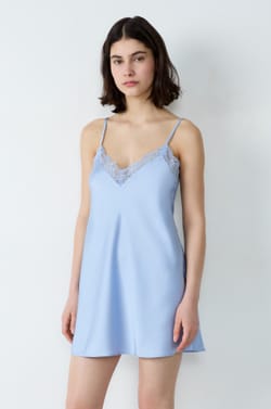 Short satin nightdress with lace details;${refinementColor}