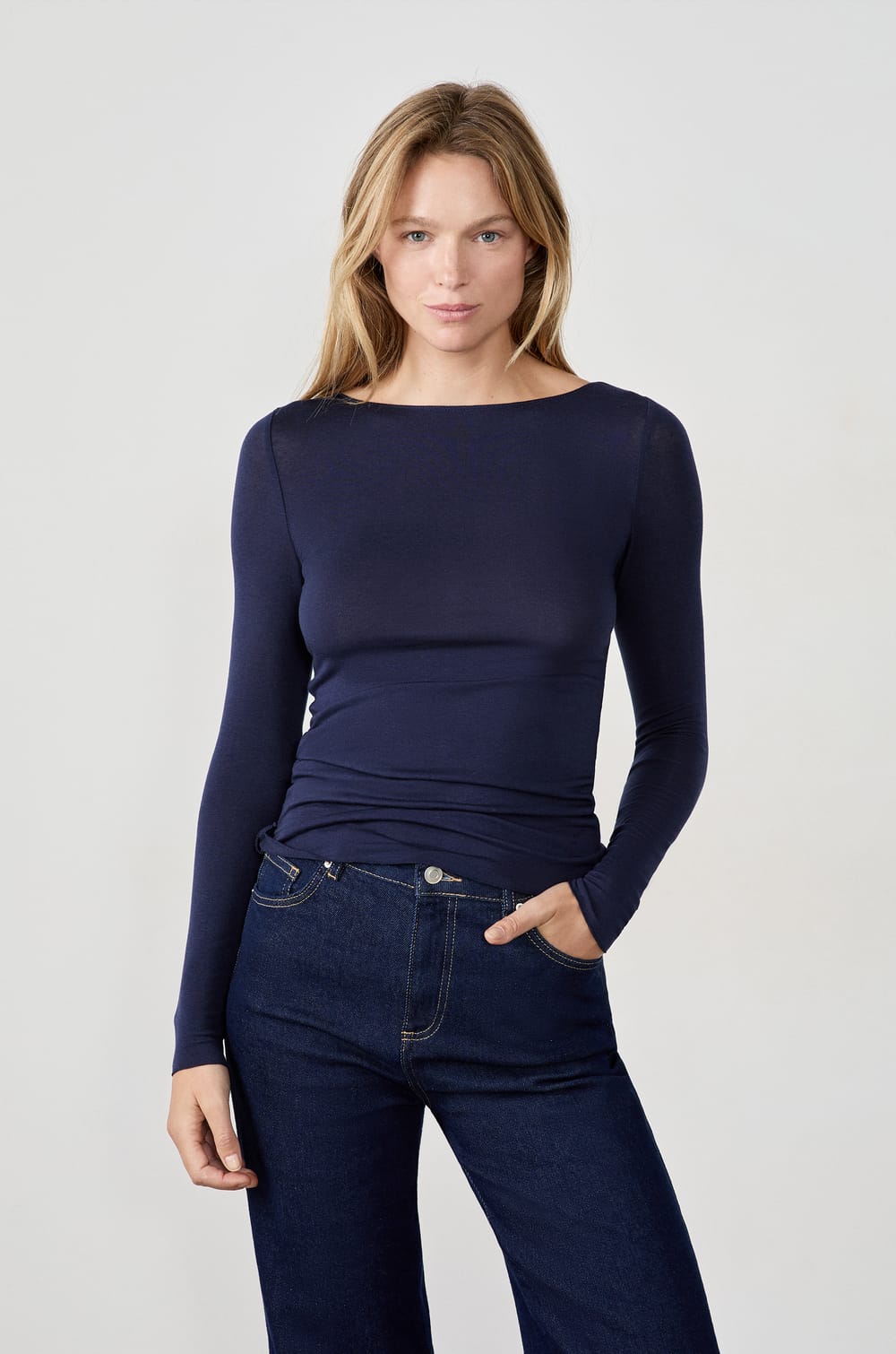 T-shirt manches longues col bateau en maille thermique;${refinementColor}