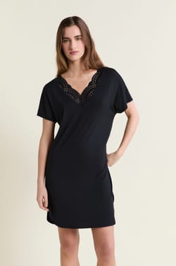 Modal nightshirt with lace neckline;${refinementColor}